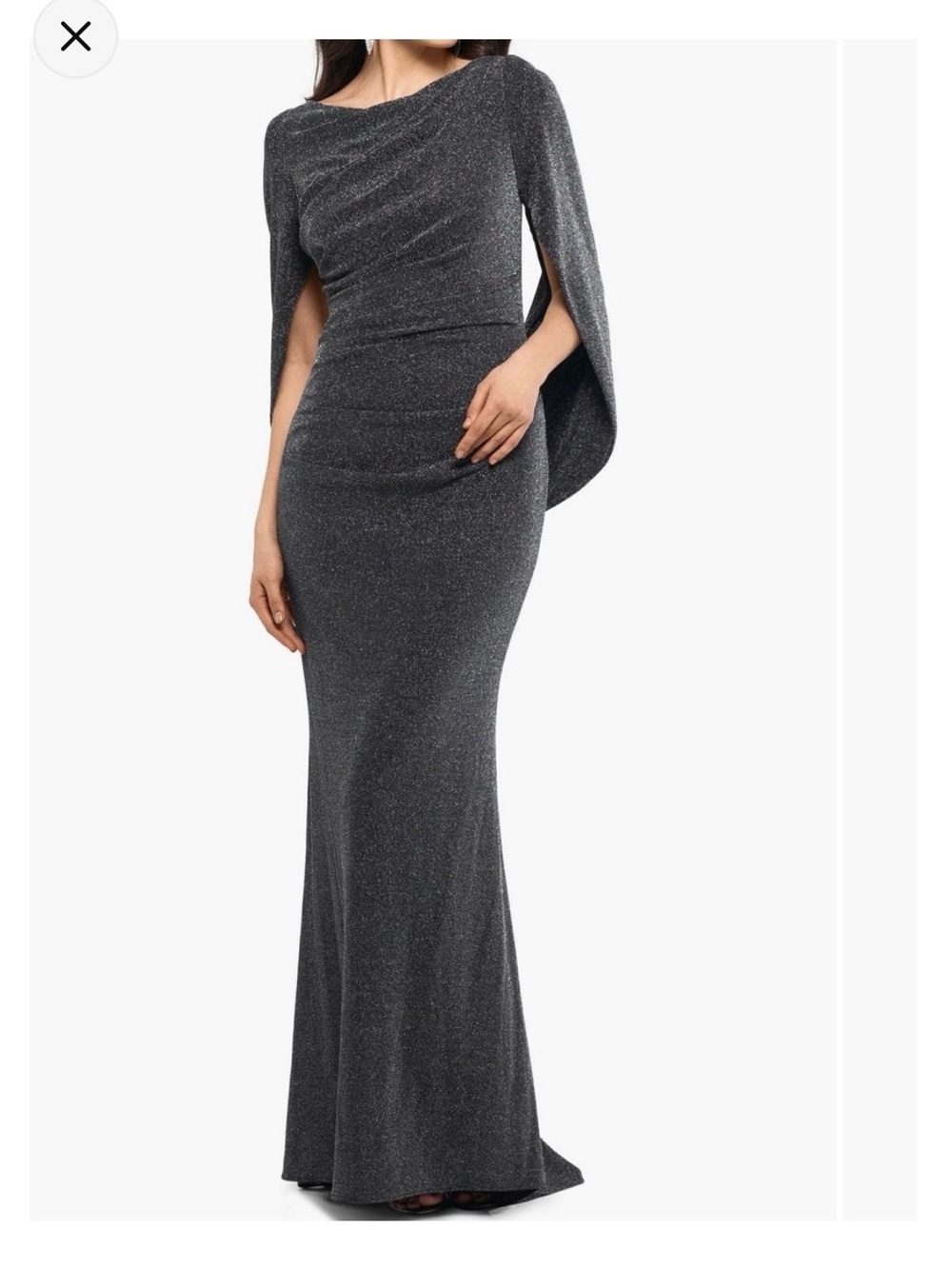 New Metallic Silver Charcoal Draped Ruched Cape Sleeve Gown 12